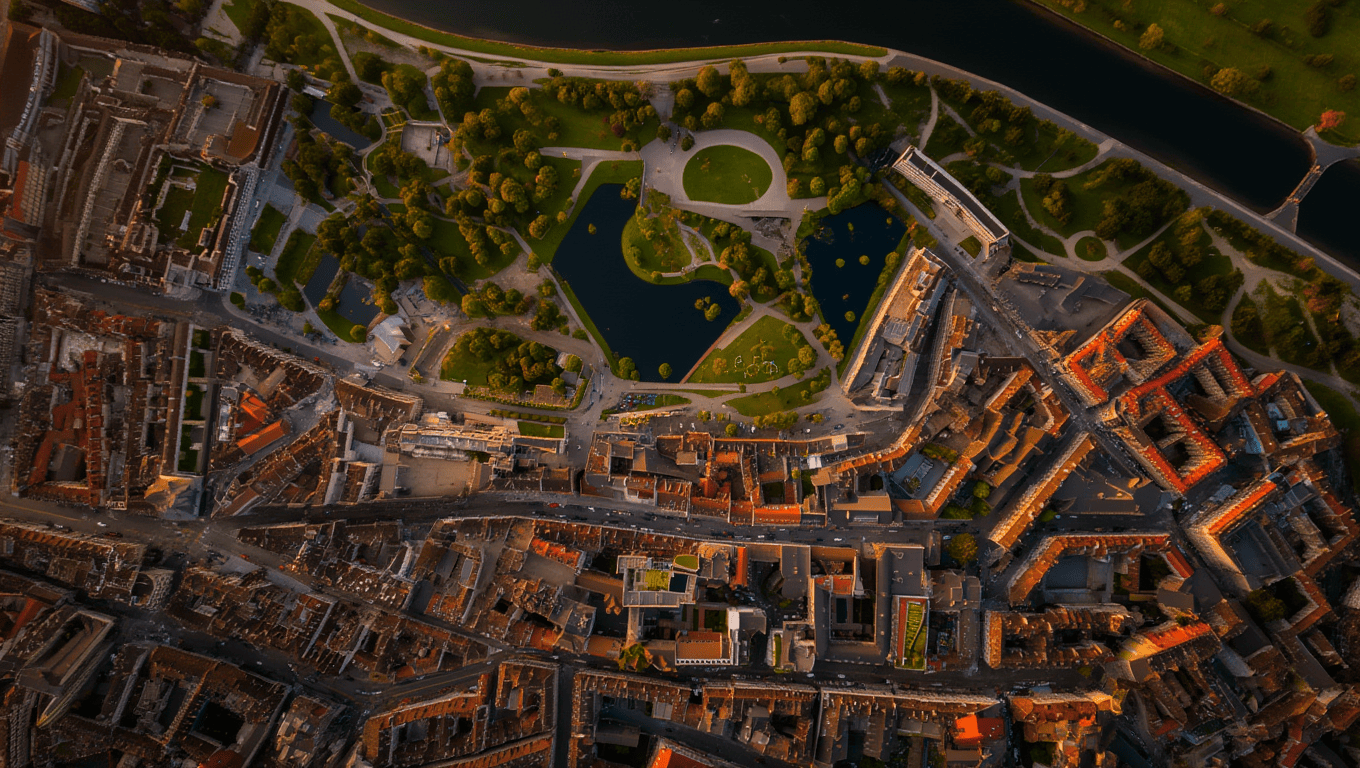 Top down shot of city with park