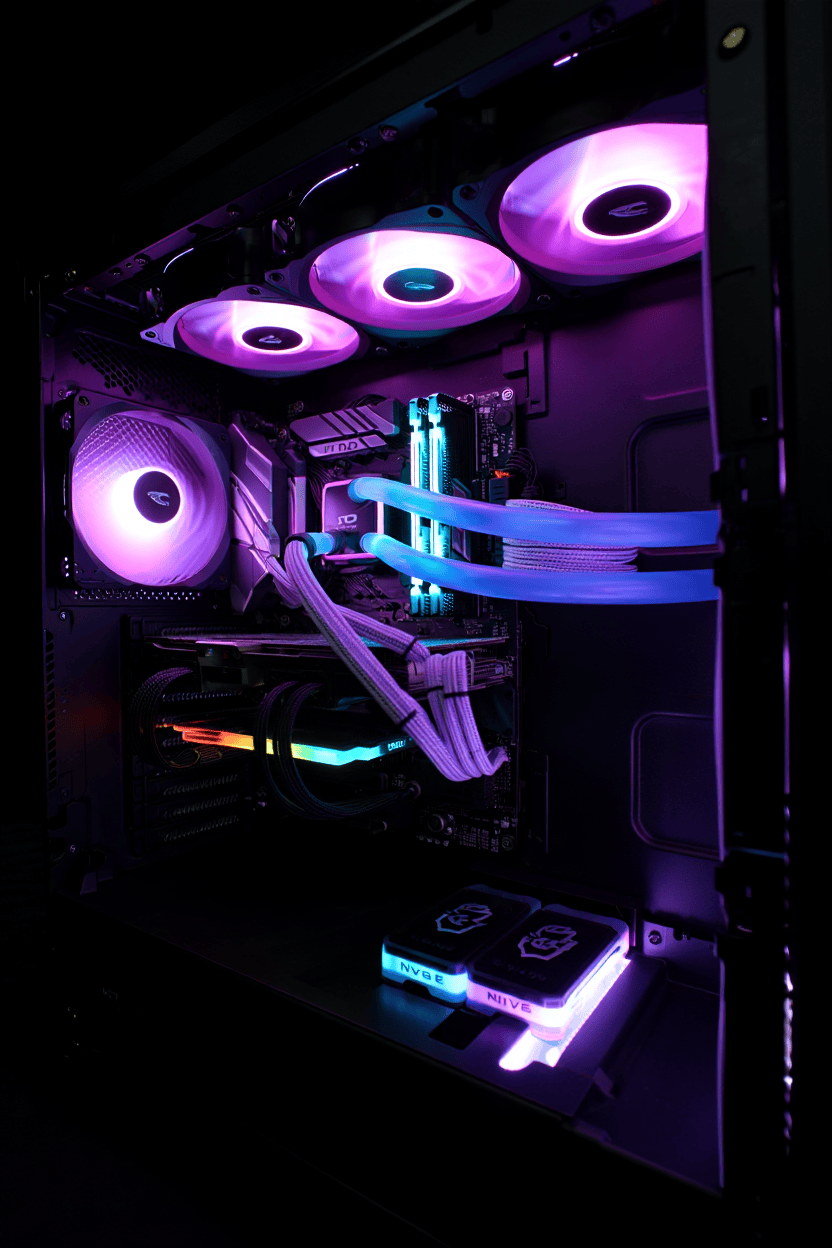 View inside a desktop pc with several parts lit up and glowing