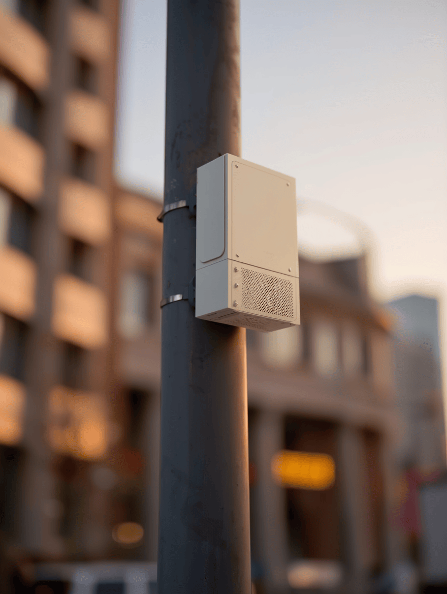 Box attached to a streetlight with a street blurred in the background