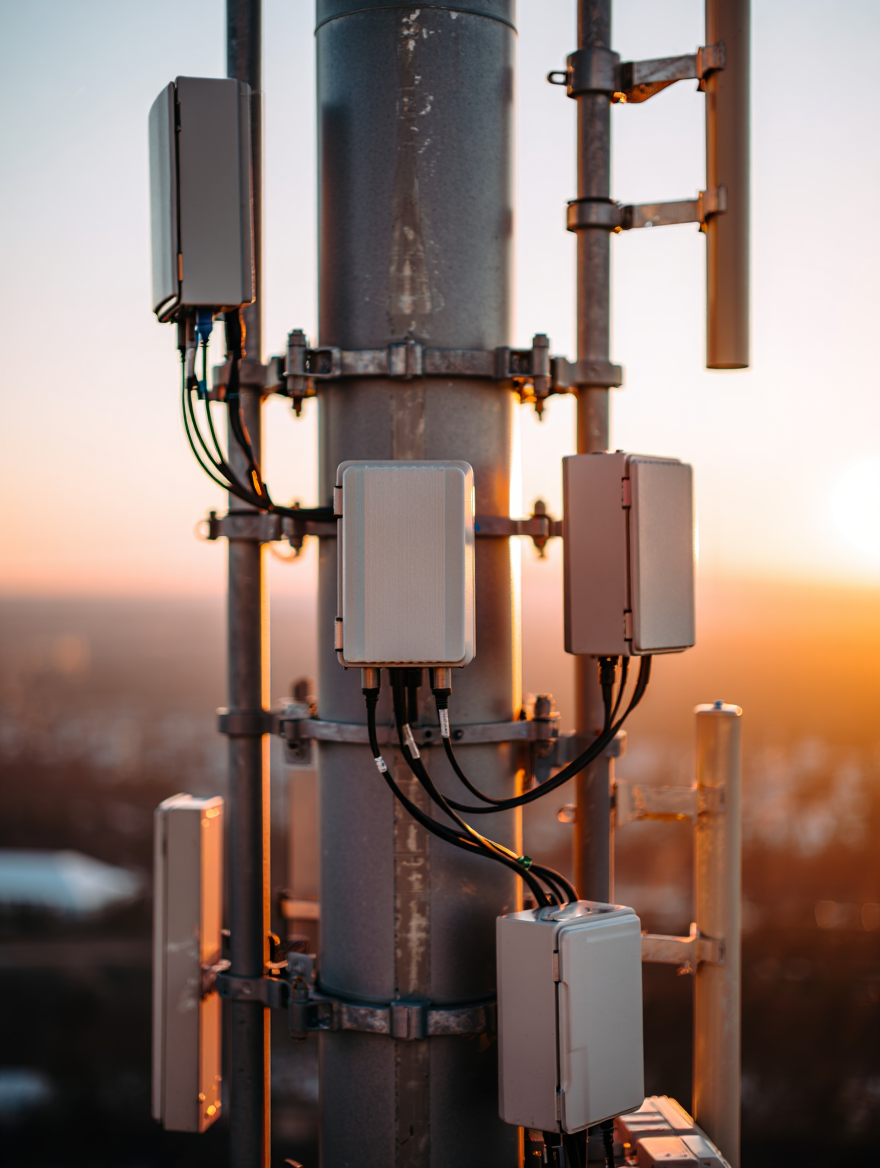 Off white boxes on pole with sunset in the background