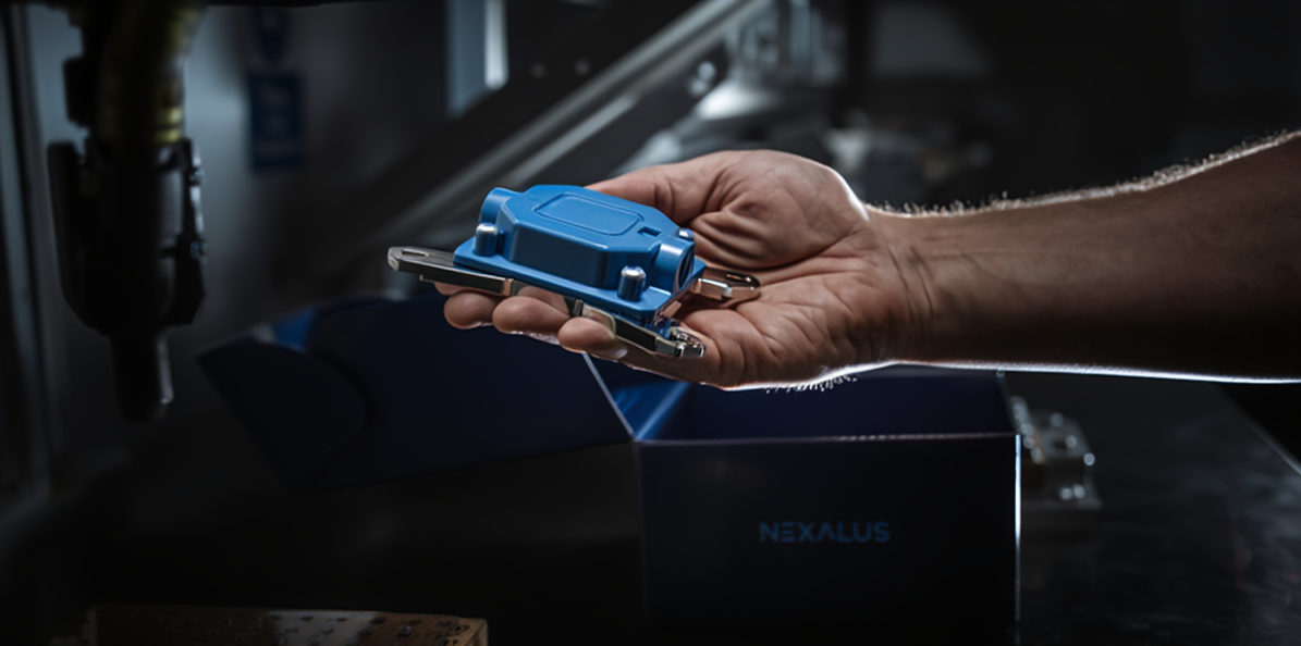 A hand holding a nexalus cooling solution infront of machinery