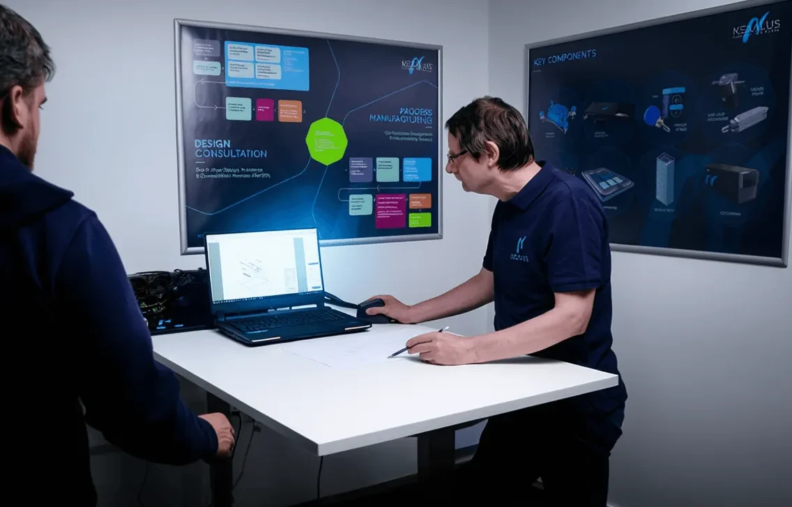 A nexalus team member at a desk looking at a laptop