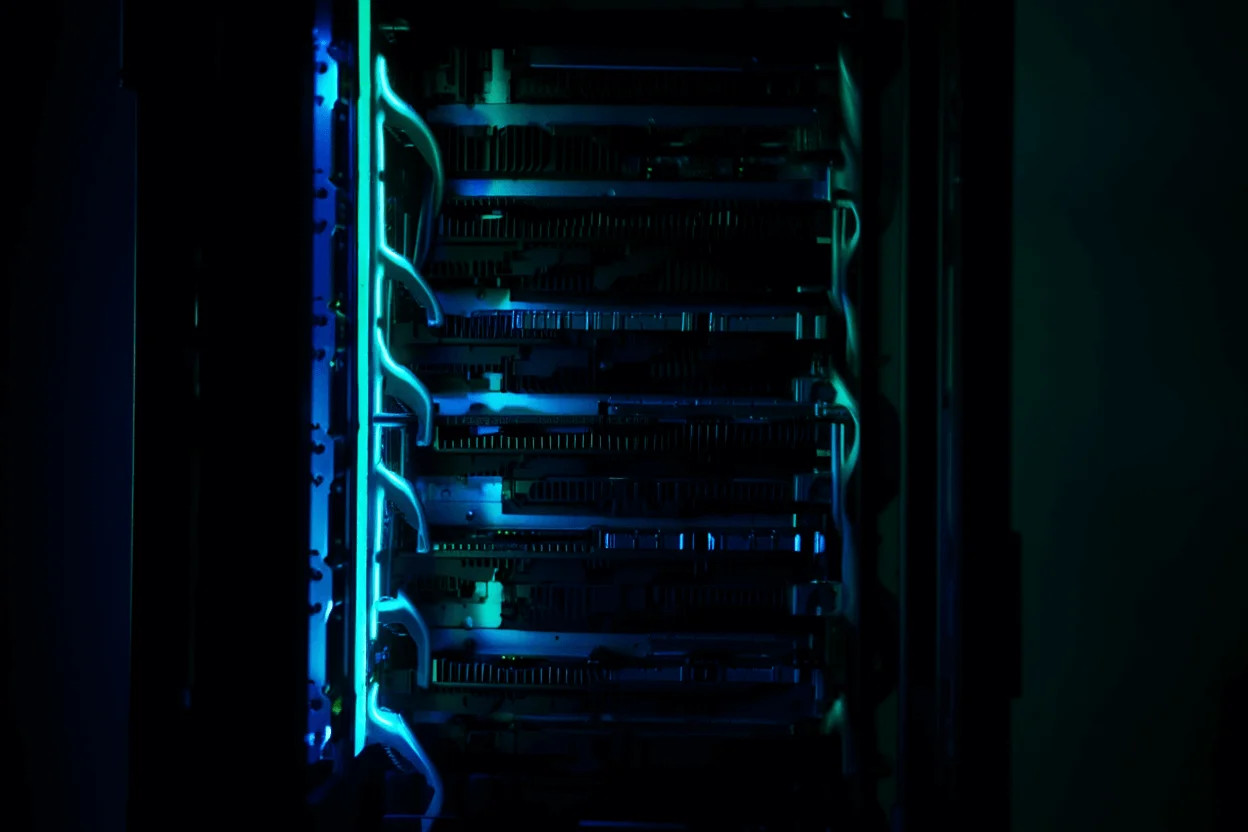 A server rack with blue lighting on the left side of the rack