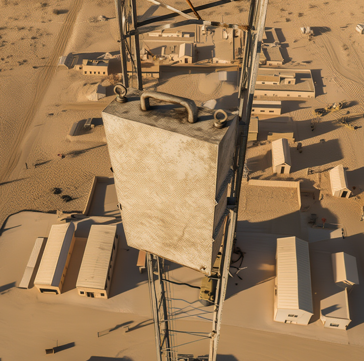 Off white box on a pole in a desert, with warehouses below