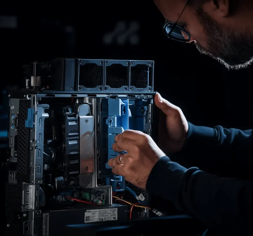 Somebody working on a computer in a dark room