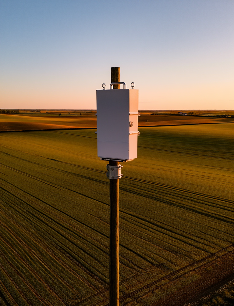 Off white box on a pole surrounded by fields
