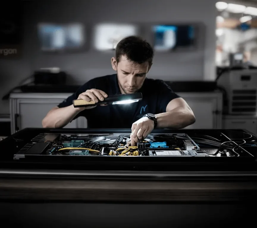 A nexalus team member working on a computers internals