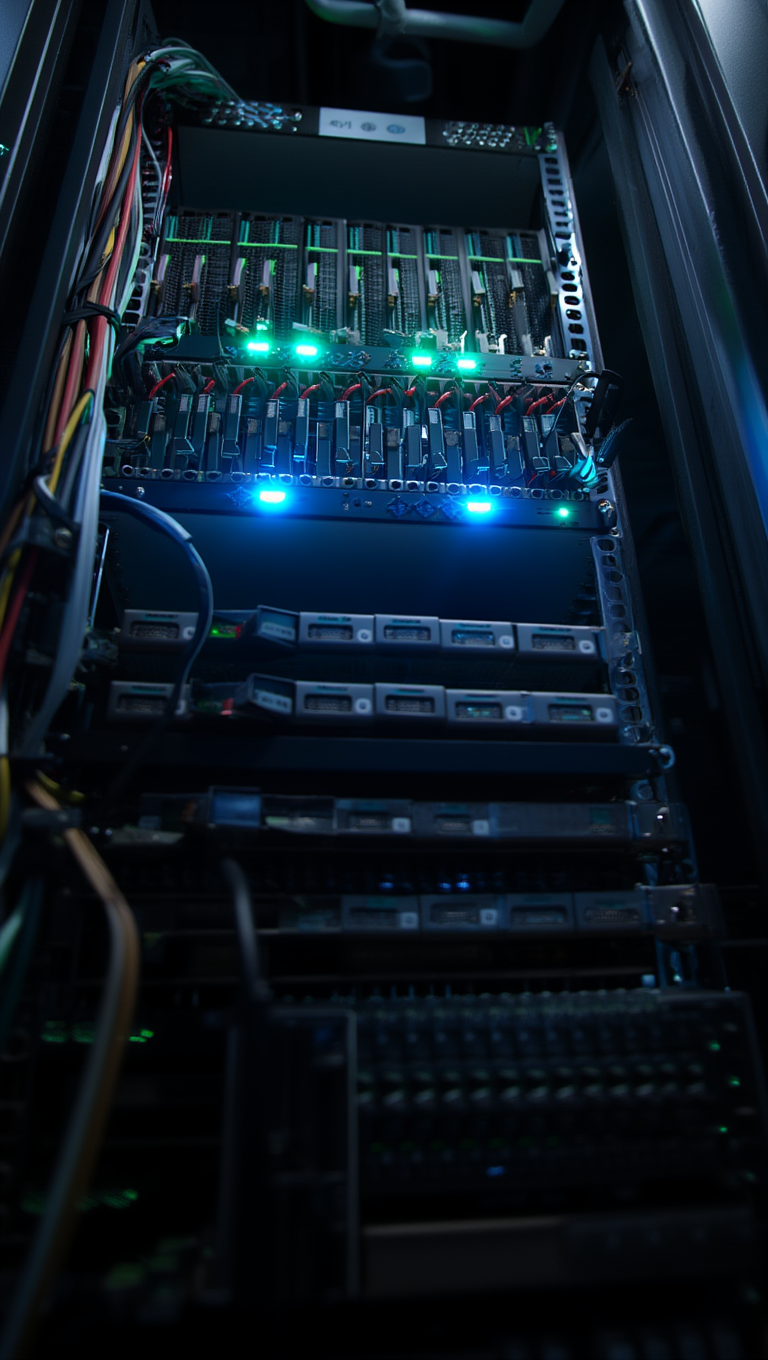 A server rack with blue and green lighting in the top of the rack
