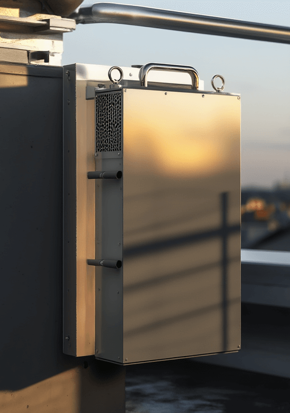 Equipment on top of an urban rooftop