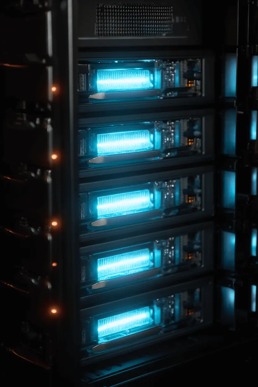 A server rack with blue lighting in the center of the rack