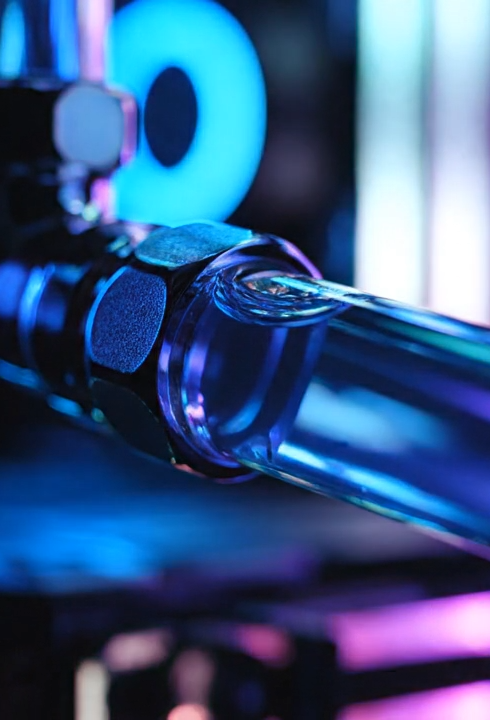 A cooling tube with an air bubble in it in a gaming pc with a glowing blue fan to the left and a purple fan to the right